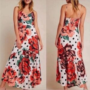 Farm Rio Maxi Dress Riviera Eyelet Floral Polka Dot Tiered Sz 2 Anthropologie Lo